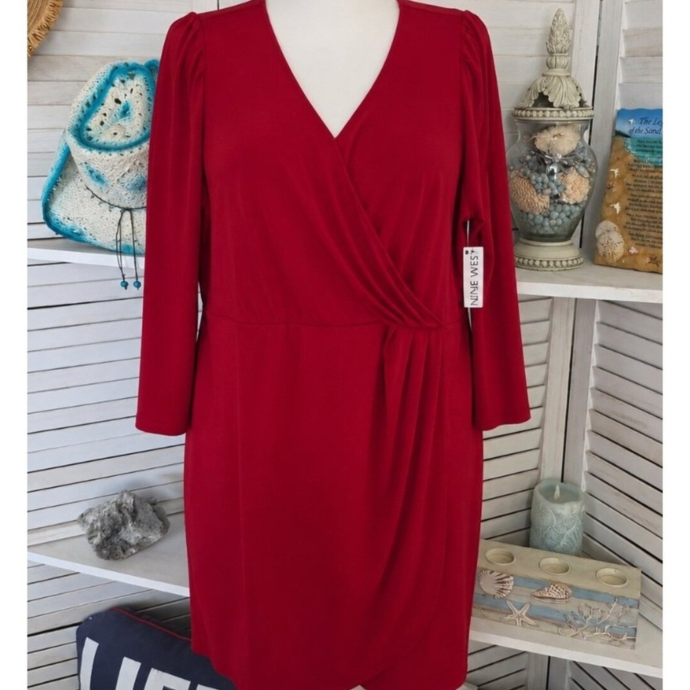 Nine West Plus Red Faux Wrap Dress Size 1X Long Sleeve‎ Stretch NWT